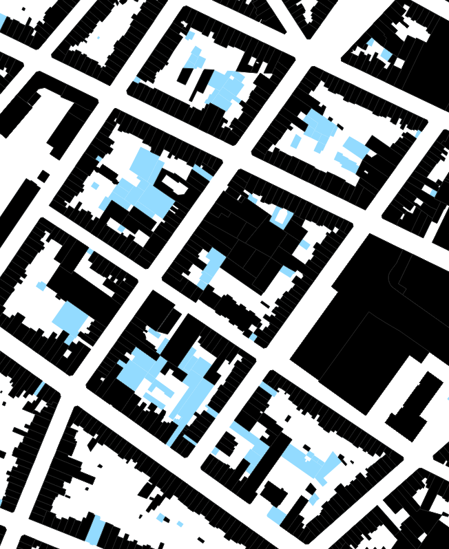 Exemple de données manquantes (les bâtiments manquants sont en bleu). Les informations manquantes représentent les constructions de petite taille en cœur d’îlot (difficiles à obtenir). 